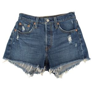 Women’s 501 Button Fly Distressed Denim Shorts Raw Hem 5 Pocket Dark Wash 25